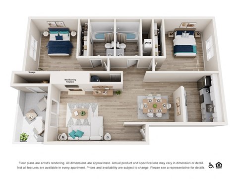 Floor plan for 2 beds, 2 baths, 970 sqft